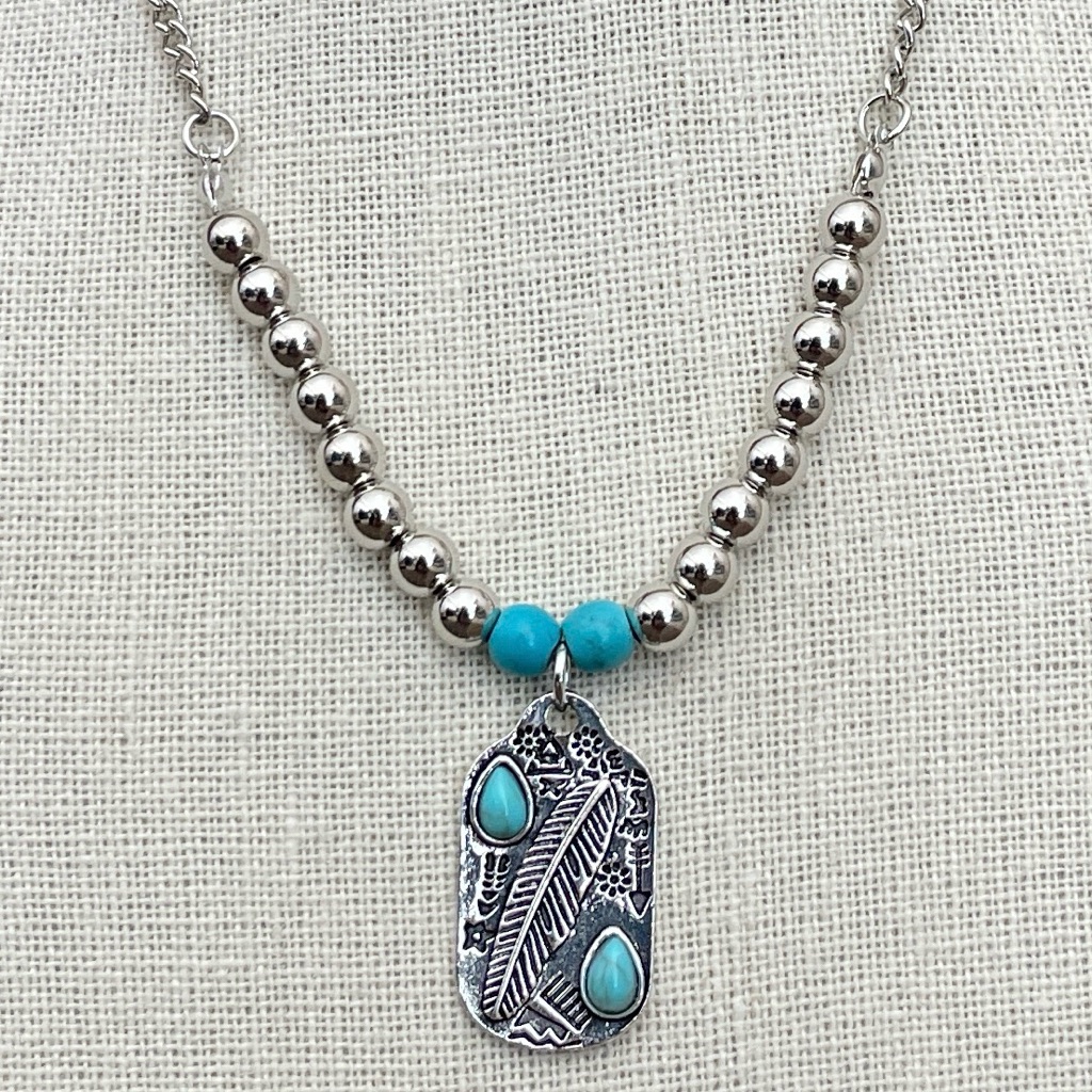Beaded Feather Dog Tag Necklace With Turquoise